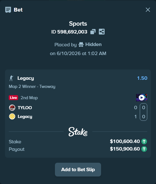 Bet slip: TYLOO - Legacy, $100,701.00 stake at 1.50 odds, placed by Hidden