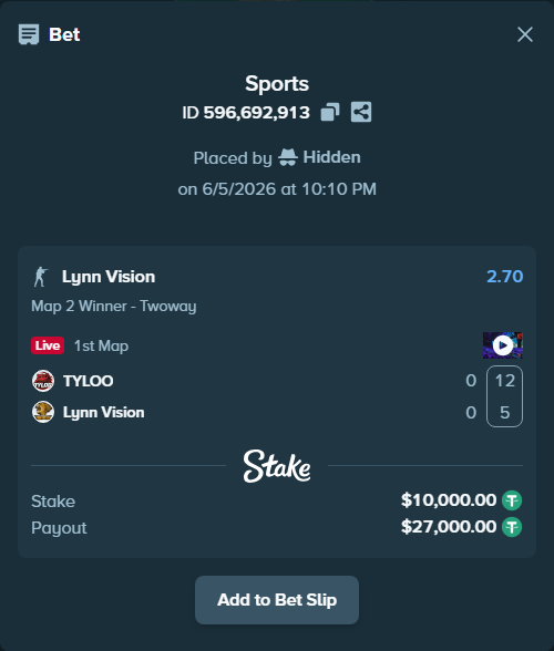 Bet slip: TYLOO - Lynn Vision, $10,010.00 stake at 2.70 odds, placed by Hidden