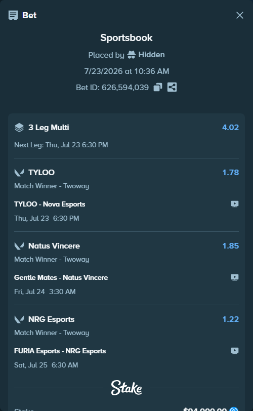 Bet slip: TYLOO - Nova Esports, $94,000.00 stake at 1.78 odds, placed by Hidden