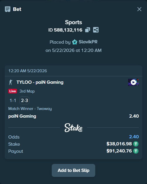 Bet slip: TYLOO - paiN Gaming, $38,055.00 stake at 2.40 odds, placed by SlavikPR