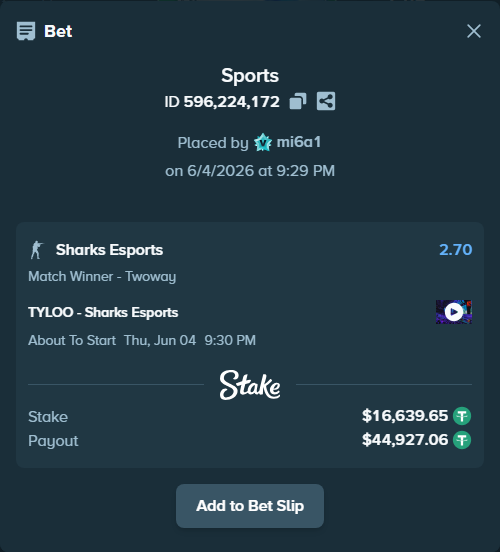 Bet slip: TYLOO - Sharks Esports, $16,656.29 stake at 2.70 odds, placed by mi6a1