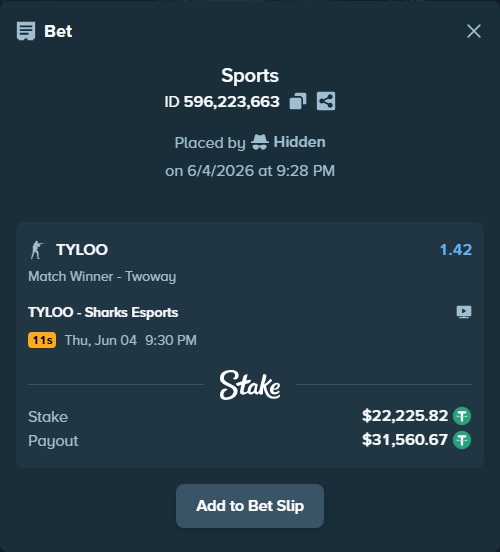 Bet slip: TYLOO - Sharks Esports, $22,248.05 stake at 1.42 odds, placed by Hidden