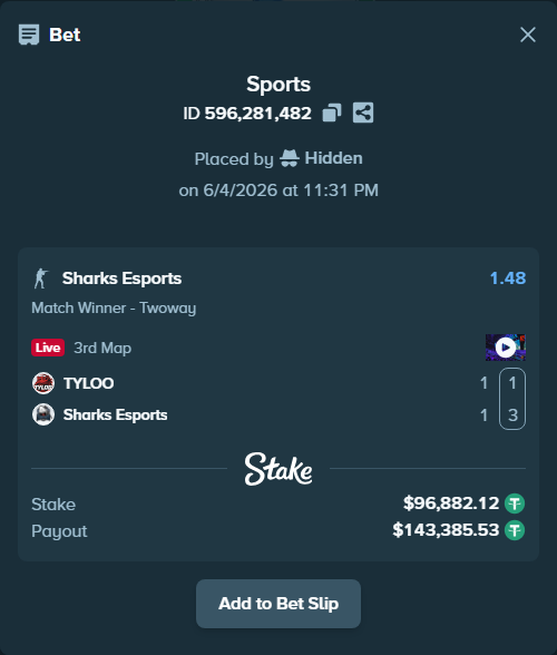Bet slip: TYLOO - Sharks Esports, $96,979.00 stake at 1.48 odds, placed by Hidden
