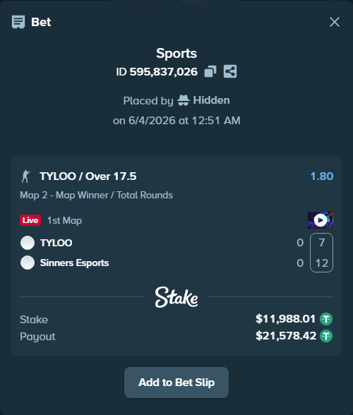 Bet slip: TYLOO - Sinners Esports, $12,000.00 stake at 1.80 odds, placed by Hidden
