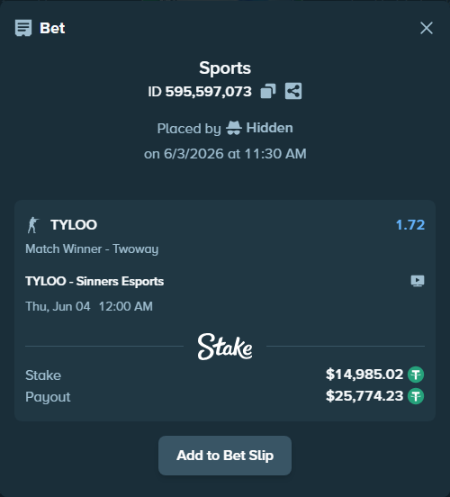 Bet slip: TYLOO - Sinners Esports, $15,000.00 stake at 1.72 odds, placed by Hidden