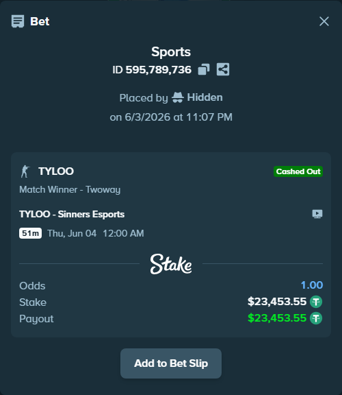 Bet slip: TYLOO - Sinners Esports, $23,477.00 stake at 1.78 odds, placed by Hidden