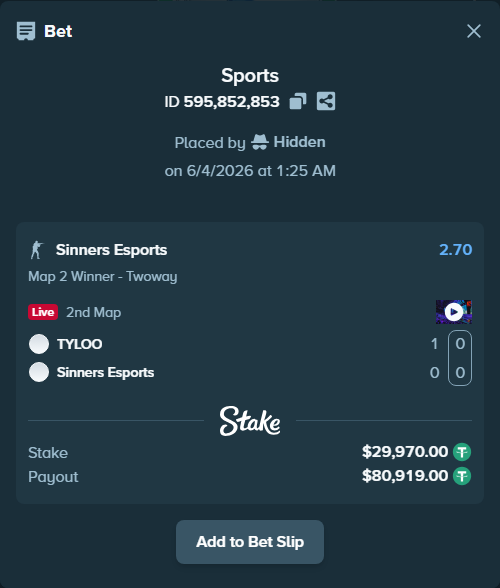 Bet slip: TYLOO - Sinners Esports, $29,999.97 stake at 2.70 odds, placed by Hidden