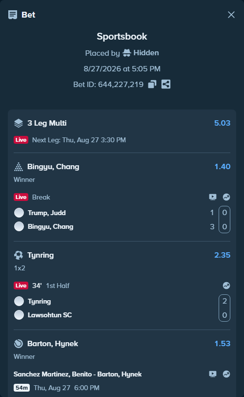 Bet slip: Tynring - Lawsohtun SC, $30,000.00 stake at 2.35 odds, placed by Hidden