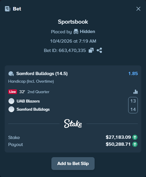 Bet slip: UAB Blazers - Samford Bulldogs, $27,183.09 stake at 1.85 odds, placed by Hidden