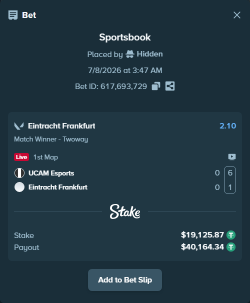 Bet slip: UCAM Esports - Eintracht Frankfurt, $19,145.00 stake at 2.10 odds, placed by Hidden
