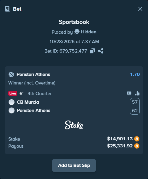 Bet slip: UCAM Murcia - Peristeri Athens, $14,926.01 stake at 1.70 odds, placed by Hidden