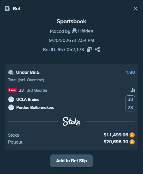 Bet slip: UCLA Bruins - Purdue Boilermakers, $11,484.55 stake at 1.80 odds, placed by Hidden