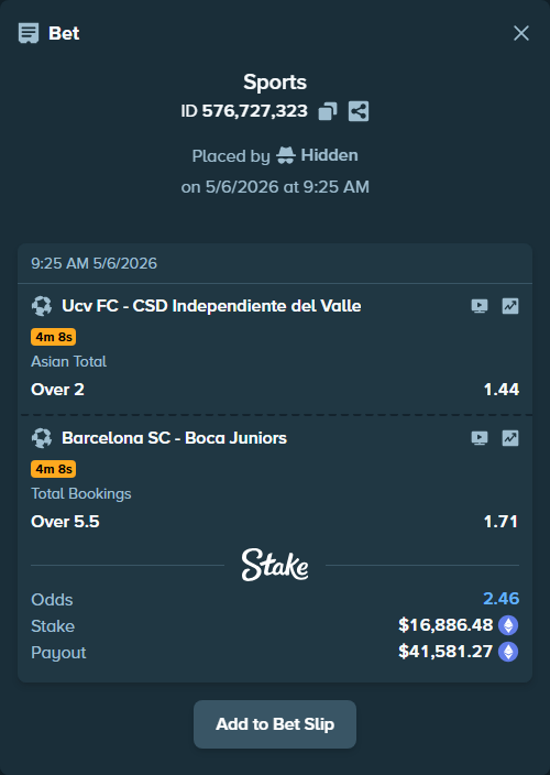 Bet slip: UCV FC - CSD Independiente del Valle, $12,447.41 stake at 1.44 odds, placed by Hidden