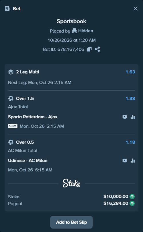 Bet slip: Udinese - AC Milan, $10,010.00 stake at 1.18 odds, placed by Hidden