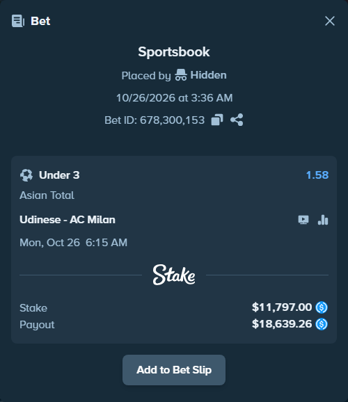 Bet slip: Udinese - AC Milan, $11,797.00 stake at 1.58 odds, placed by Hidden