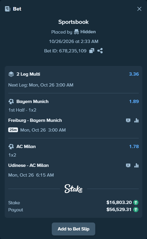 Bet slip: Udinese - AC Milan, $16,820.00 stake at 1.78 odds, placed by Hidden