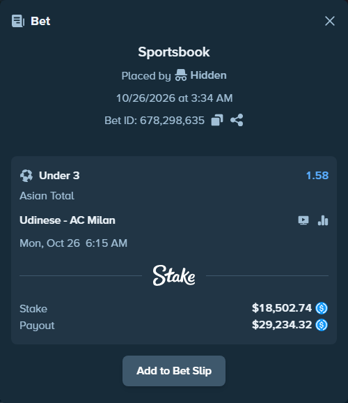Bet slip: Udinese - AC Milan, $18,502.74 stake at 1.58 odds, placed by Hidden
