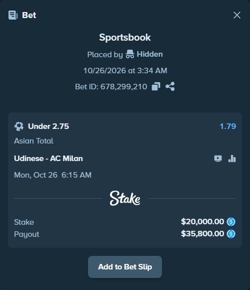 Bet slip: Udinese - AC Milan, $20,000.00 stake at 1.79 odds, placed by Veldric