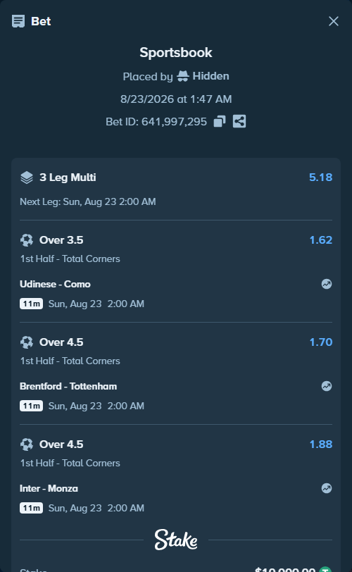 Bet slip: Udinese - Como, $10,000.00 stake at 1.62 odds, placed by Hidden