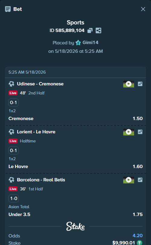 Bet slip: Udinese - Cremonese, $10,000.00 stake at 1.50 odds, placed by Gimi14