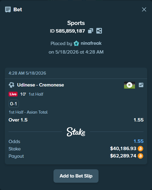 Bet slip: Udinese - Cremonese, $33,017.32 stake at 1.55 odds, placed by ninafreak