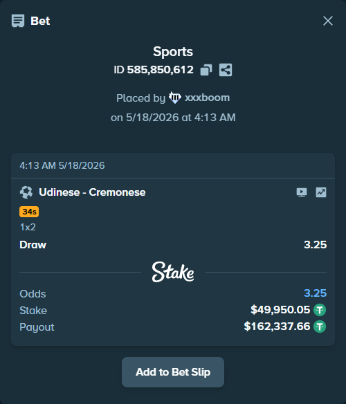 Bet slip: Udinese - Cremonese, $50,000.00 stake at 3.25 odds, placed by xxxboom