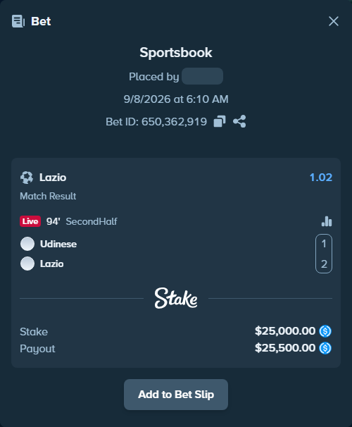 Bet slip: Udinese - Lazio, $25,000.00 stake at 1.02 odds, placed by Bokket