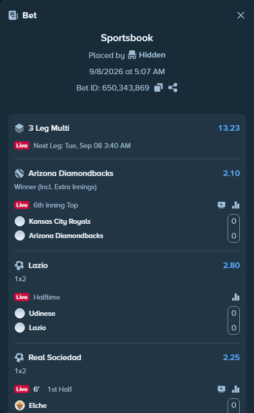 Bet slip: Udinese - Lazio, $50,000.00 stake at 2.80 odds, placed by Hidden