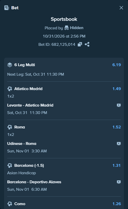 Bet slip: Udinese - Roma, $10,000.00 stake at 1.52 odds, placed by Agus1033