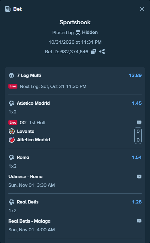 Bet slip: Udinese - Roma, $10,709.70 stake at 1.54 odds, placed by Hidden