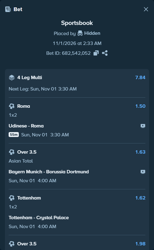 Bet slip: Udinese - Roma, $11,977.30 stake at 1.50 odds, placed by Arielmehillka