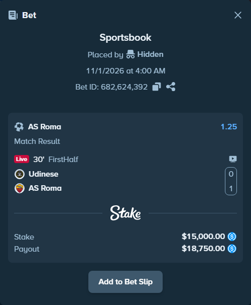 Bet slip: Udinese - Roma, $15,000.00 stake at 1.25 odds, placed by andersmoerken