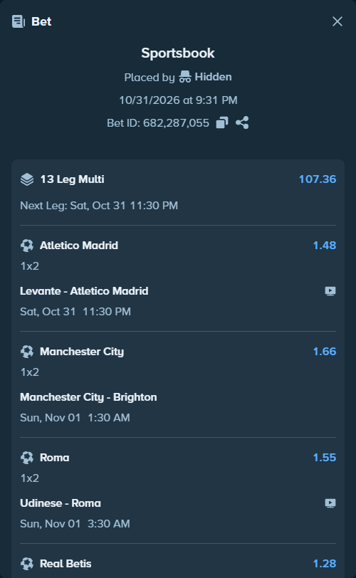 Bet slip: Udinese - Roma, $15,015.00 stake at 1.55 odds, placed by Hidden