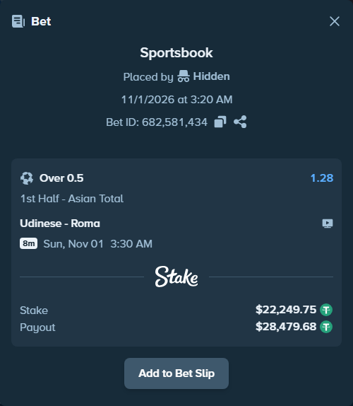 Bet slip: Udinese - Roma, $22,272.00 stake at 1.28 odds, placed by Hidden