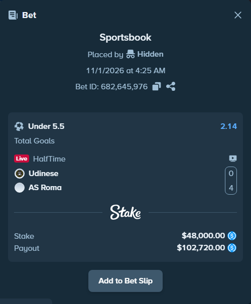 Bet slip: Udinese - Roma, $48,000.00 stake at 2.14 odds, placed by Hidden