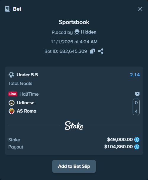 Bet slip: Udinese - Roma, $49,000.00 stake at 2.14 odds, placed by zhenhao