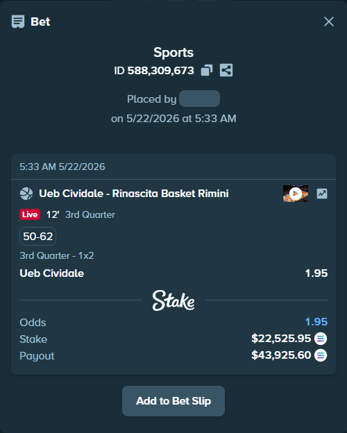 Bet slip: Ueb Cividale - Rinascita Basket Rimini, $18,867.92 stake at 1.95 odds, placed by Prettylfacko98