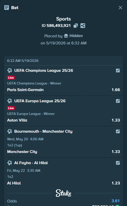 Bet slip: UEFA Champions League 25/26, $75,633.74 stake at 1.66 odds, placed by Hidden
