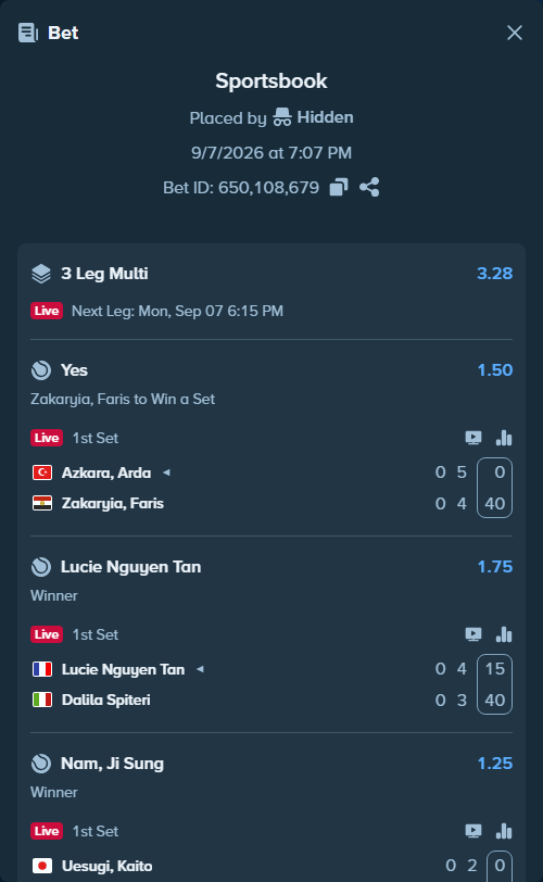 Bet slip: Uesugi, Kaito - Nam, Ji Sung, $16,295.00 stake at 1.25 odds, placed by Hidden