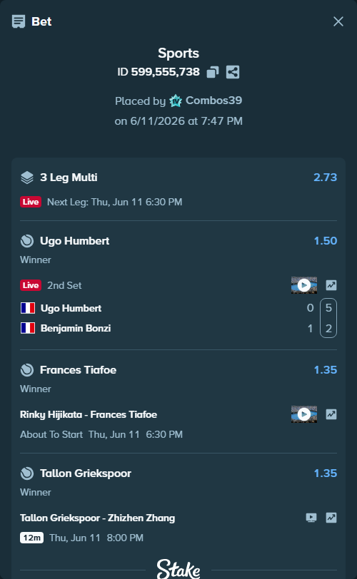 Bet slip: Ugo Humbert - Benjamin Bonzi, $15,153.14 stake at 1.50 odds, placed by Combos39