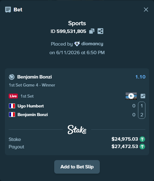 Bet slip: Ugo Humbert - Benjamin Bonzi, $25,000.00 stake at 1.10 odds, placed by diomancy