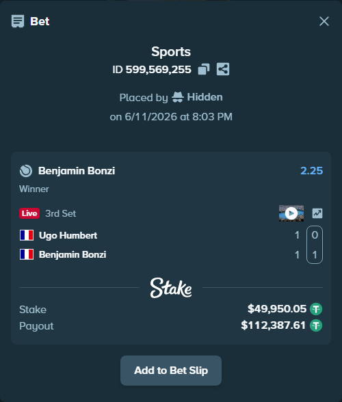 Bet slip: Ugo Humbert - Benjamin Bonzi, $50,000.00 stake at 2.25 odds, placed by Hidden