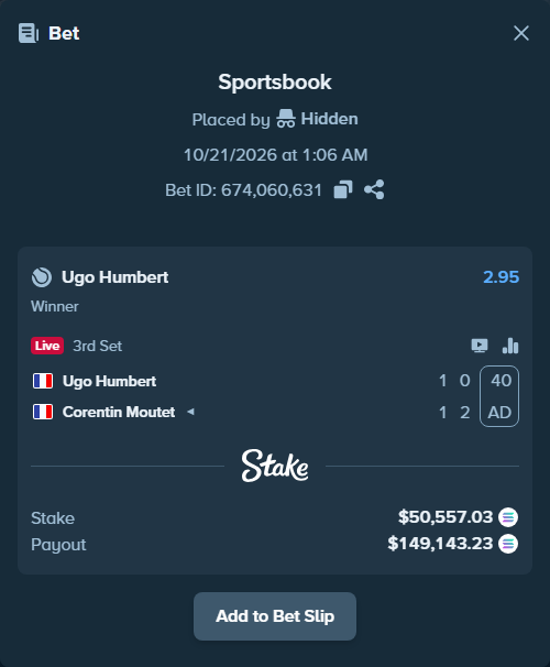 Bet slip: Ugo Humbert - Corentin Moutet, $49,731.41 stake at 2.95 odds, placed by Prettylfacko98