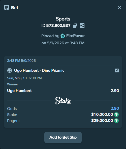 Bet slip: Ugo Humbert - Dino Prizmic, $10,000.00 stake at 2.90 odds, placed by FirePawar