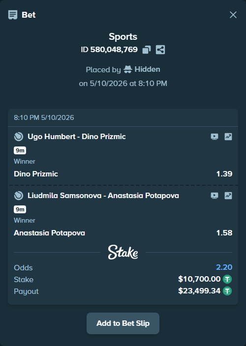 Bet slip: Ugo Humbert - Dino Prizmic, $10,700.00 stake at 1.39 odds, placed by Hidden