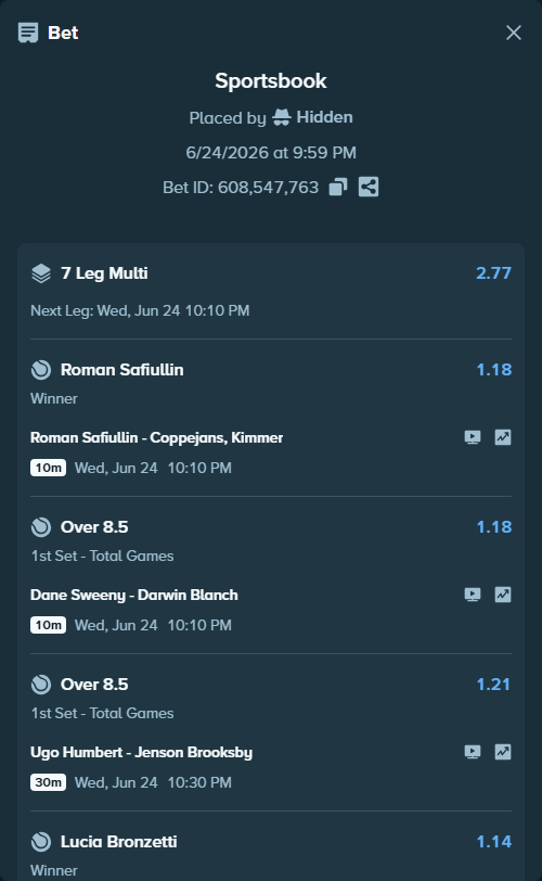 Bet slip: Ugo Humbert - Jenson Brooksby, $100,100.00 stake at 1.21 odds, placed by Hidden