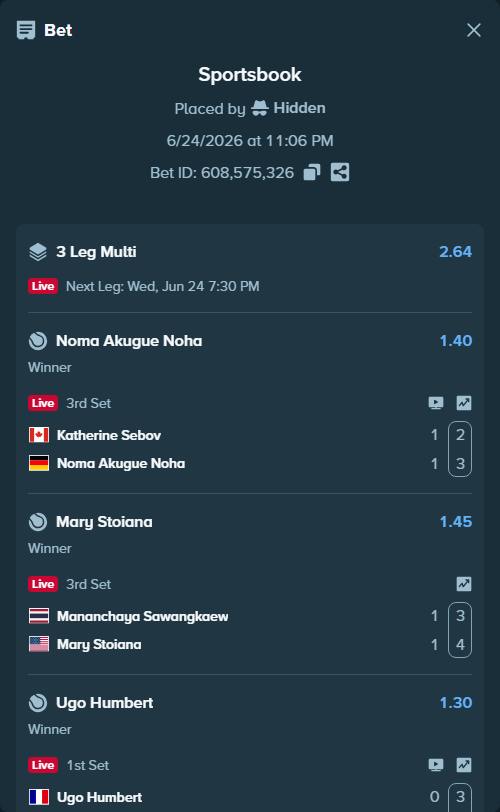Bet slip: Ugo Humbert - Jenson Brooksby, $20,000.00 stake at 1.30 odds, placed by Hidden