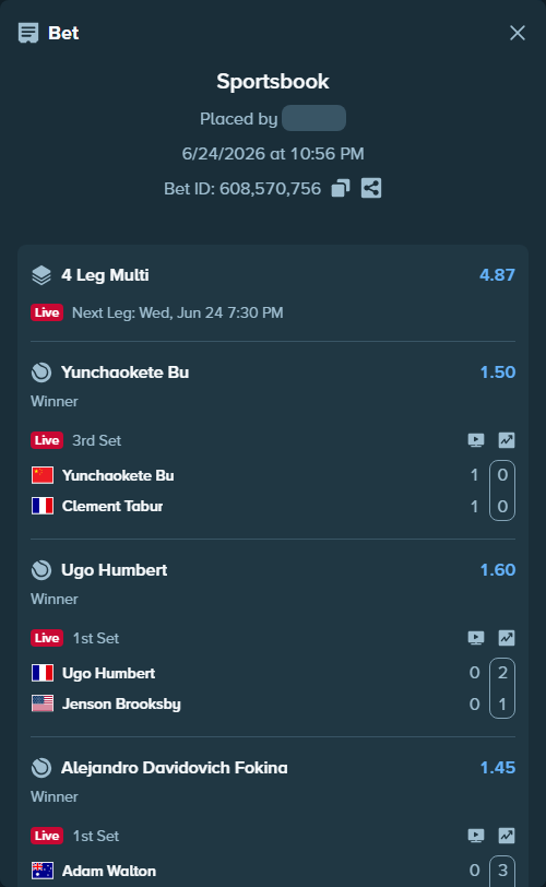 Bet slip: Ugo Humbert - Jenson Brooksby, $30,263.79 stake at 1.60 odds, placed by Prettylfacko98