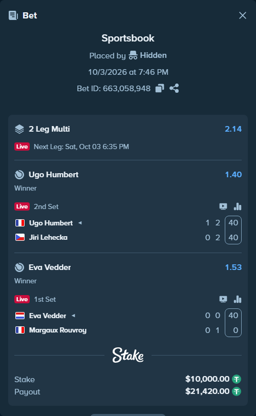 Bet slip: Ugo Humbert - Jiri Lehecka, $10,000.00 stake at 1.40 odds, placed by Hidden