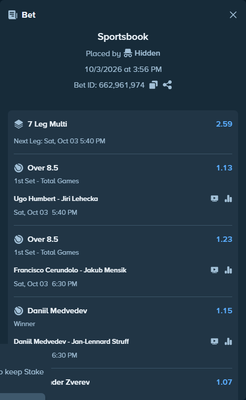 Bet slip: Ugo Humbert - Jiri Lehecka, $19,836.03 stake at 1.13 odds, placed by GhostInnaRL